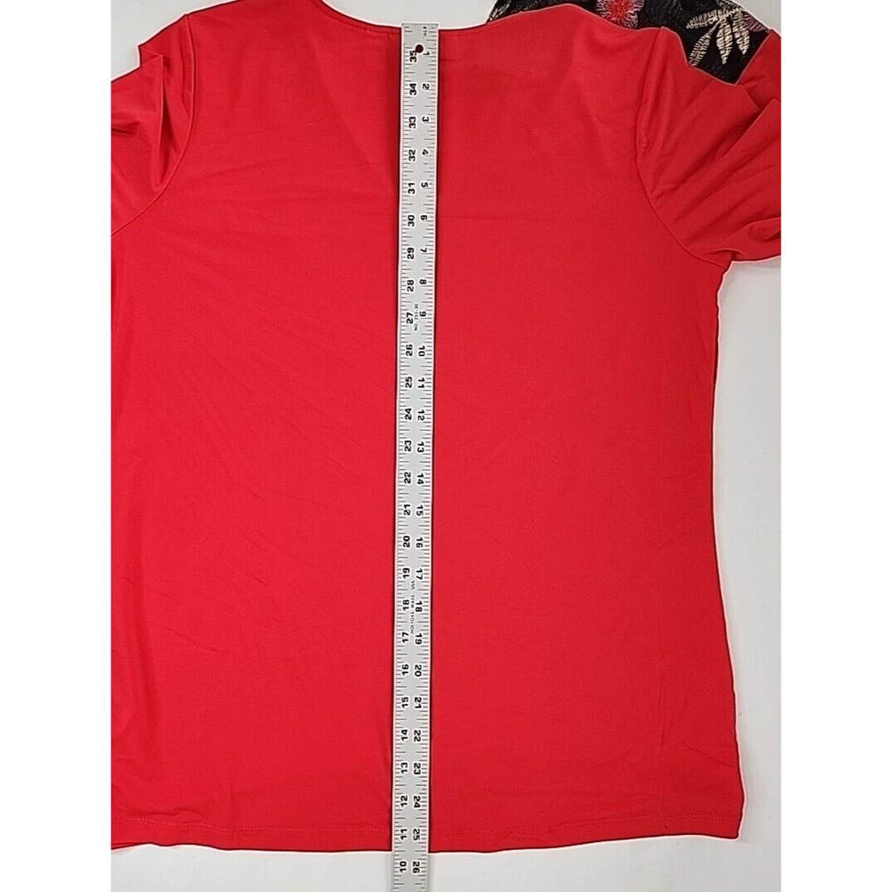 Susan Graver Sm Top Red Liquid Knit 3/4 Bell Sleeve Black Floral Lace Vneck - Picture 12 of 14
